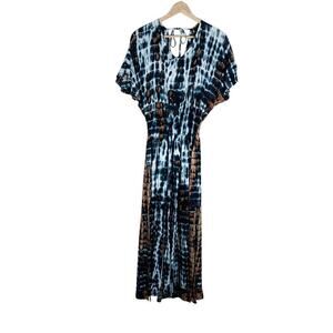 Tiare Womens Maxi Dress Blue Brown Tie Dye  ightweight Cinched Waist Beachy